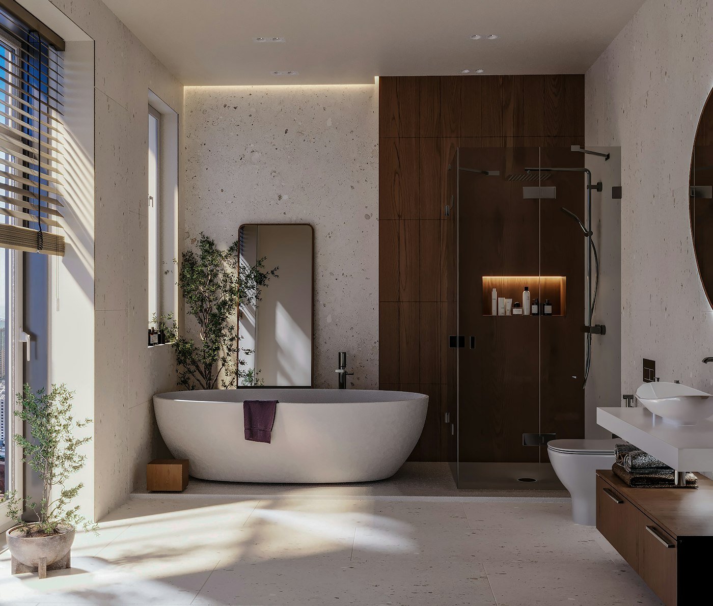 Salle de bain avec baignoire îlot et grande fenêtre