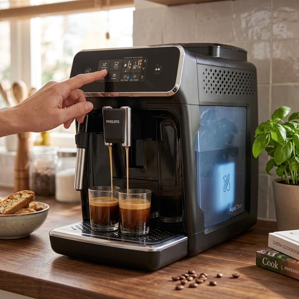 Machine expresso préparant deux cafés