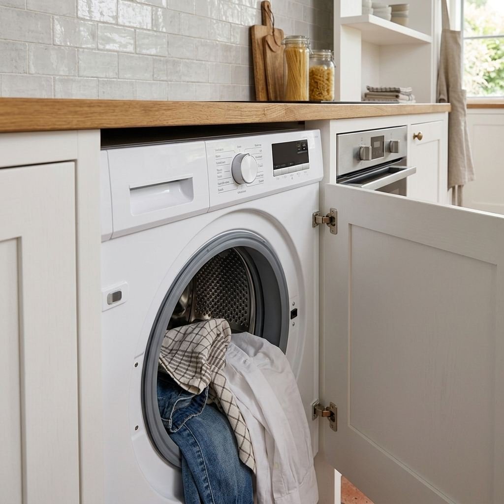 Lave-linge ouvert chargé de linge