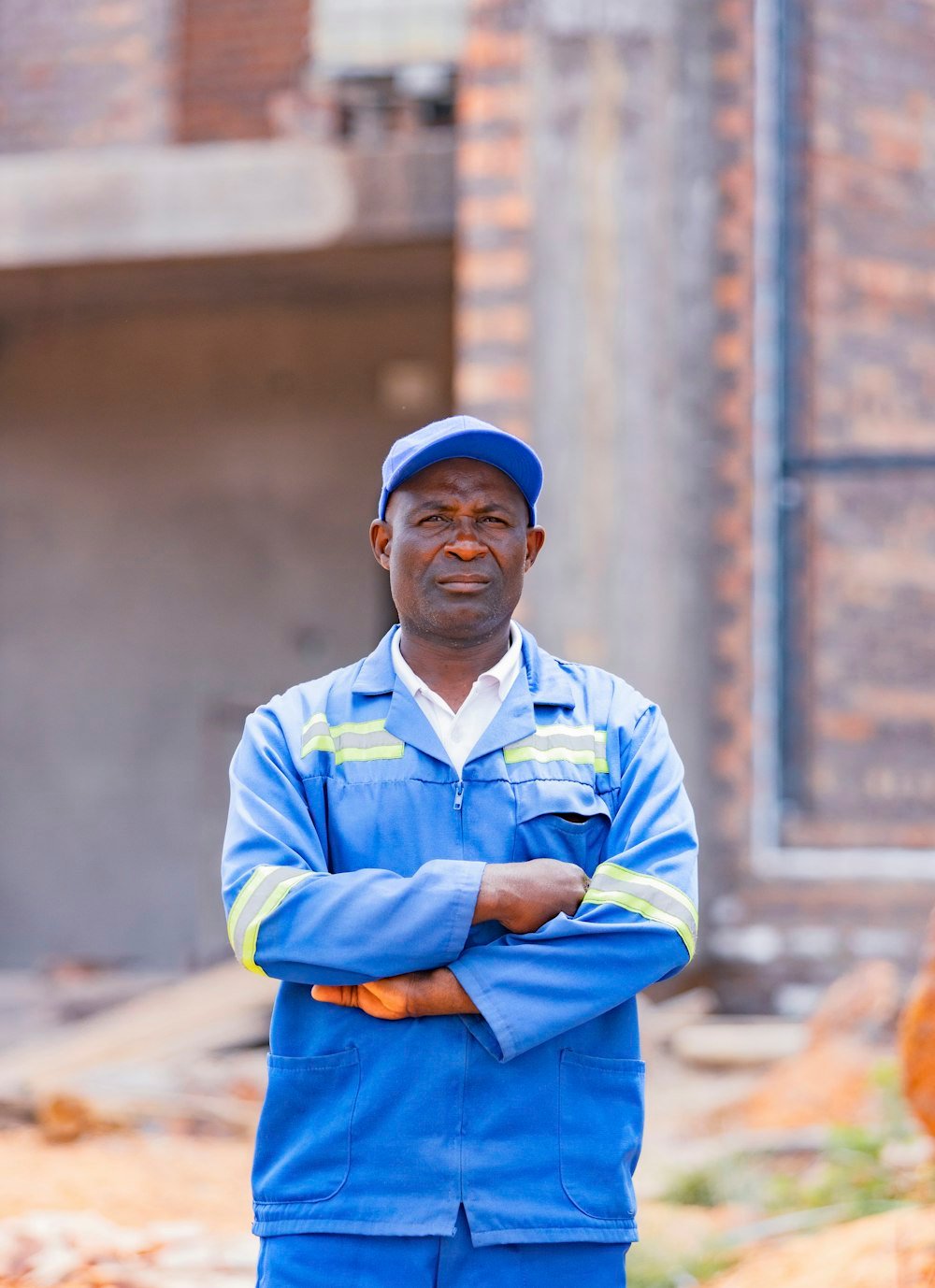 Artisan en tenue de travail bleue, bras croisés, sur un chantier