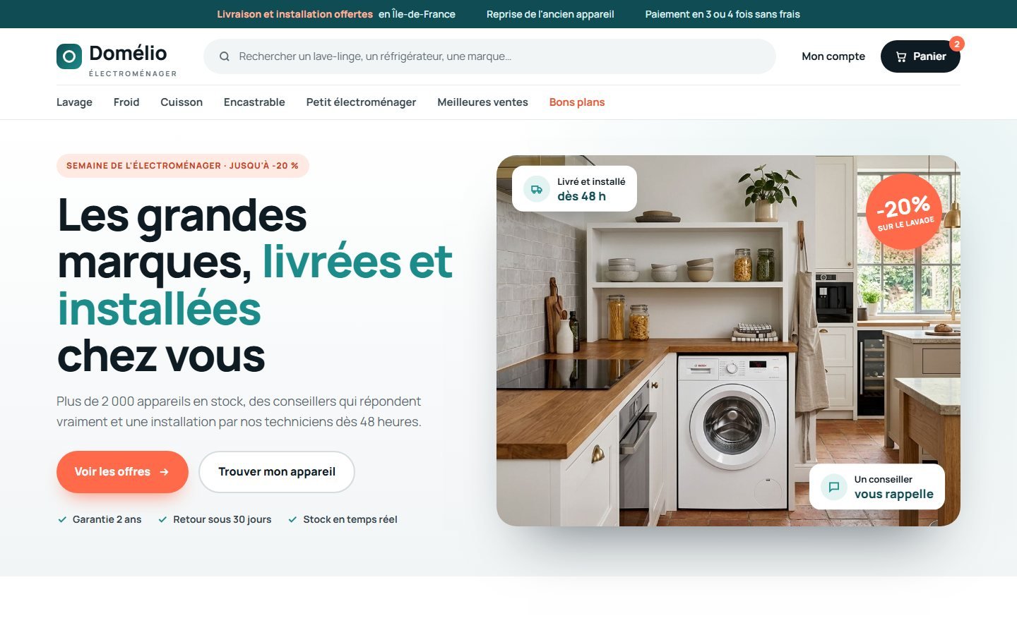 Page d'accueil de la boutique en ligne réalisée pour un magasin d'électroménager