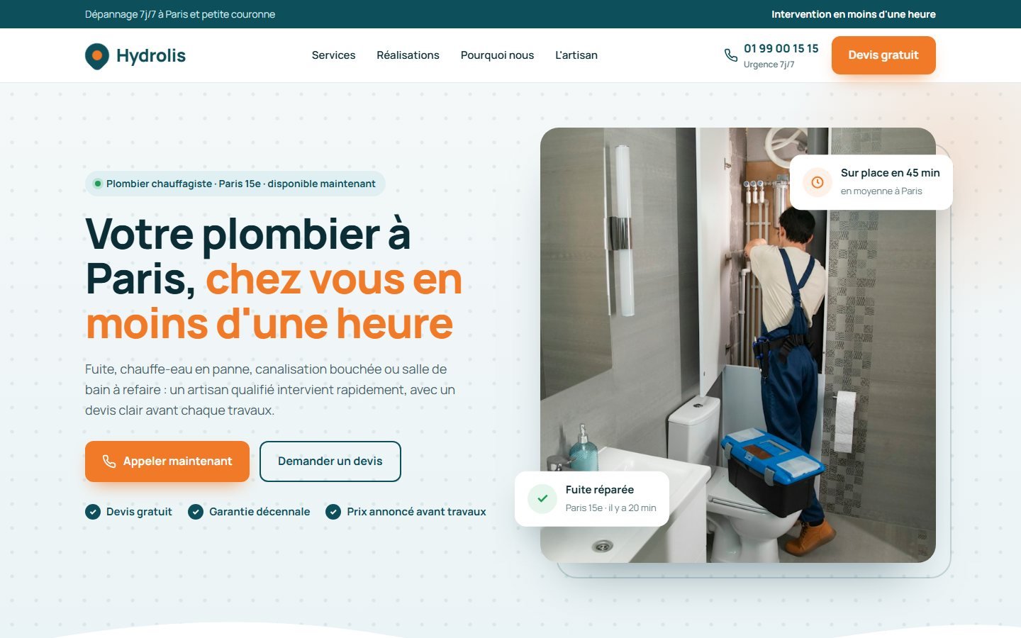 Page d'accueil du site vitrine réalisé pour un plombier chauffagiste