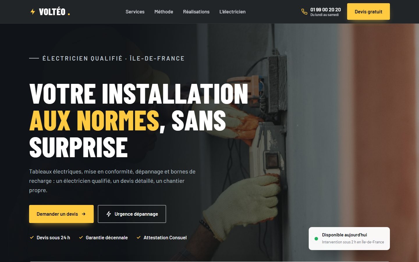 Page d'accueil du site vitrine réalisé pour un électricien